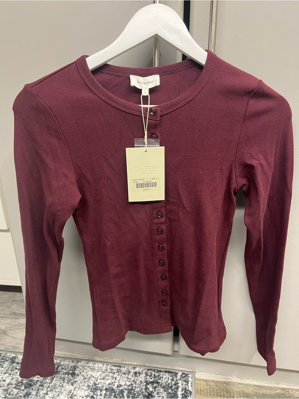 bohme Maroon Ribbed Button-Front Long Sleeve Top